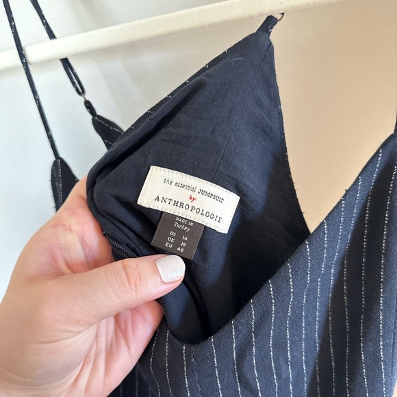 By Anthropologie • Navy Blue Pinstriped Jumpsuit Sz 14 Spaghetti Strap Casual - Picture 11 of 11